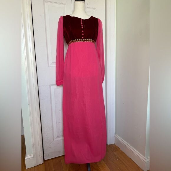 vintage Dresses & Skirts - 1970s Fuchsia Pink and Red Velvet Holiday Cottagecore Maxi Dress